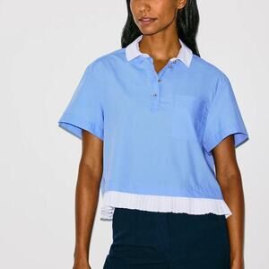 Claudie Pierlot Top Peter Pan Collar Short Sleeve Boxy Myositis Blue White 36